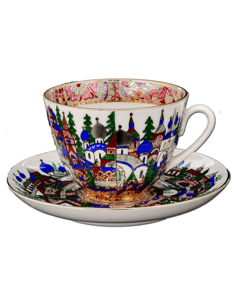 LOMONOSOV IMPERIAL PORCELAIN TEACUP AND SAUCER SPRING RUSSIAN FANTASY